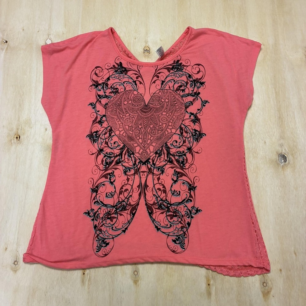 Hybrid Shirt Womens Large Pink Heart Floral Sheer Crochet Lace Dolman Knit Top